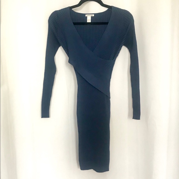 Blue Knit Ribbed Wrap Bodycon Dress - Picture 2 of 4